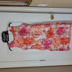 Studio One Dress 12 Sleeveless White Red Orange Pink Tan Leaves